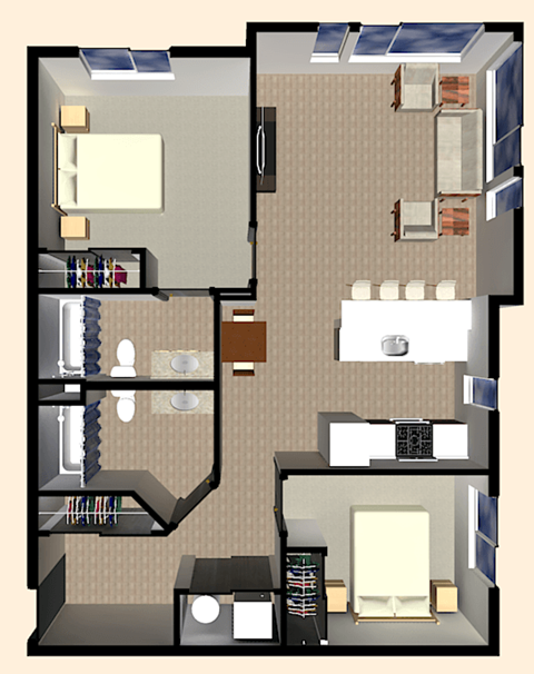Floor plan for 2 beds, 2 baths, 970 sqft